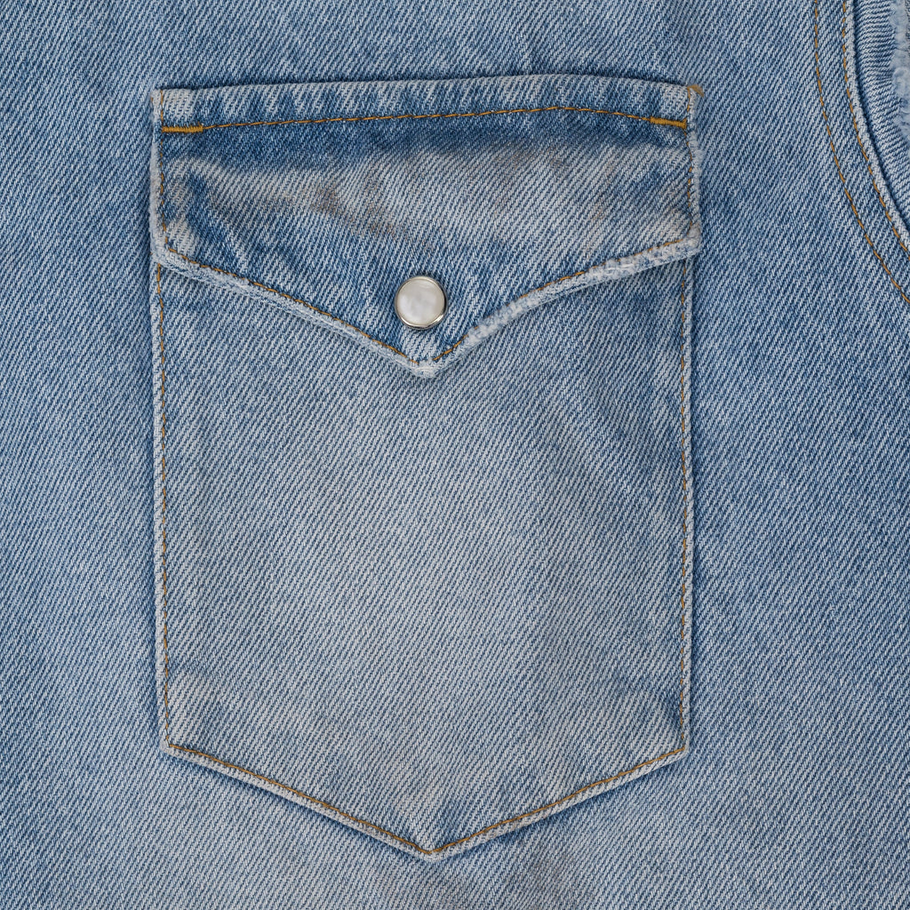 Blue Sleeveless Distressed Denim Shirt