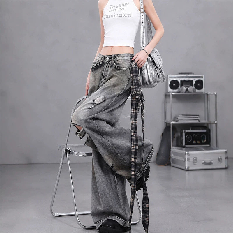 Vintage Distressed Ripped Wide Leg Jeans with Plaid Skirt Overlay