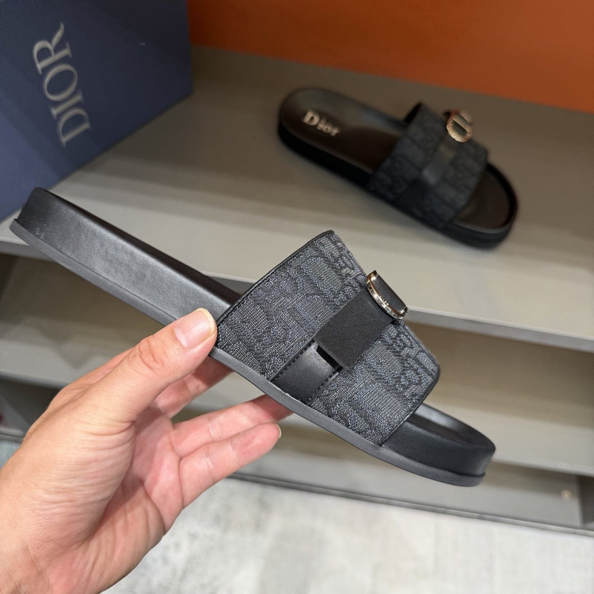 Dior Blue-Gray Pattern Slide Sandals