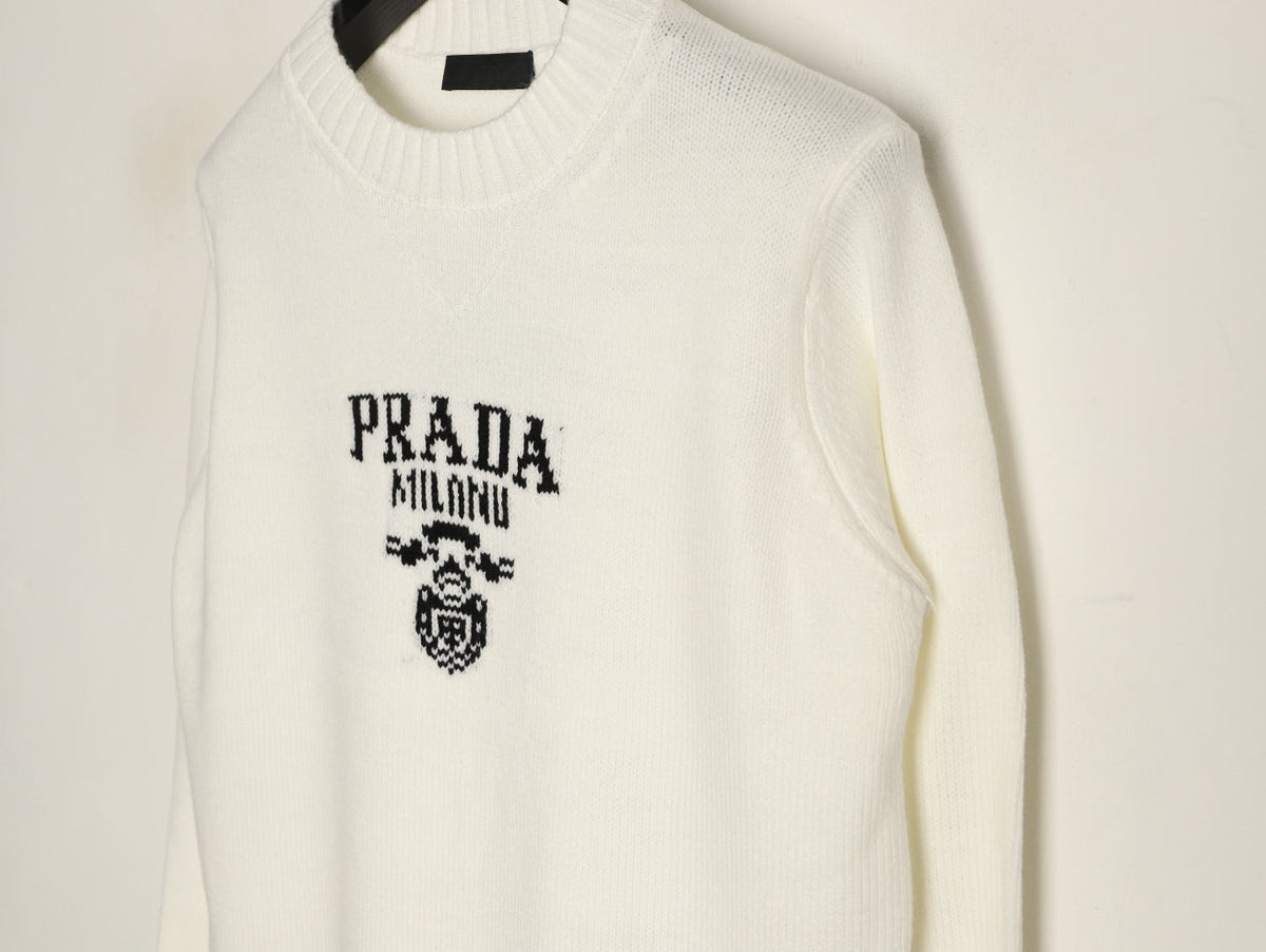 Prada Milano Logo Crewneck Knit Sweater - Cream